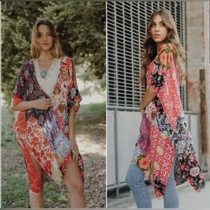 Boho‎ Kimono Multi-Colored NWOT OS Patchwork Fringe Spring Break Easter Light
